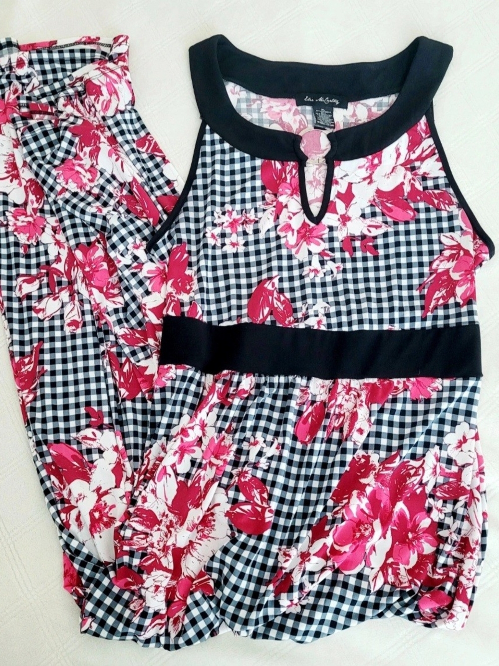 Women's Pink Floral Gingham Short Sleeve Dress XL